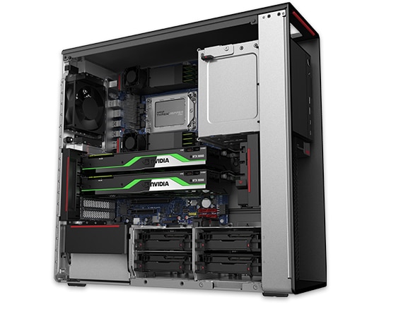 Left-side panel removed showing the inside workings of the Lenovo ThinkStation P620 tower.